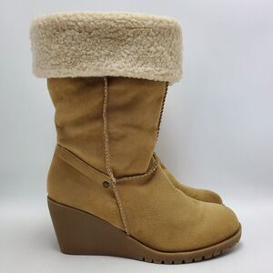 Jellypop Womens Sheepskin Lined Suede Wedge Heel Round Toe Mid Calf Snow Boots 9